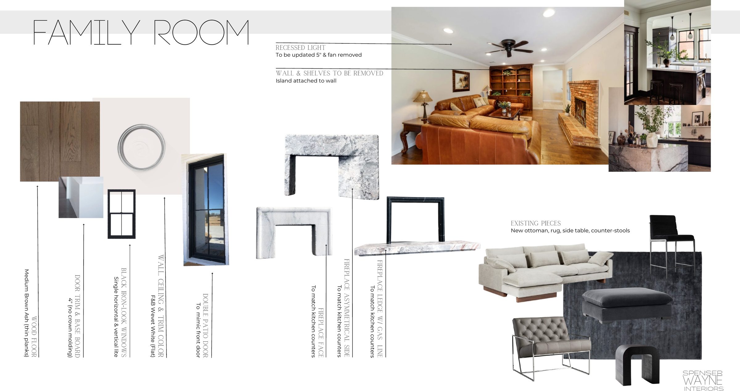 Spec sheet for the family room: marble fireplace surrounds, black iron-look windows and doors, a pale sectional, a dark rug and a photo of the room before