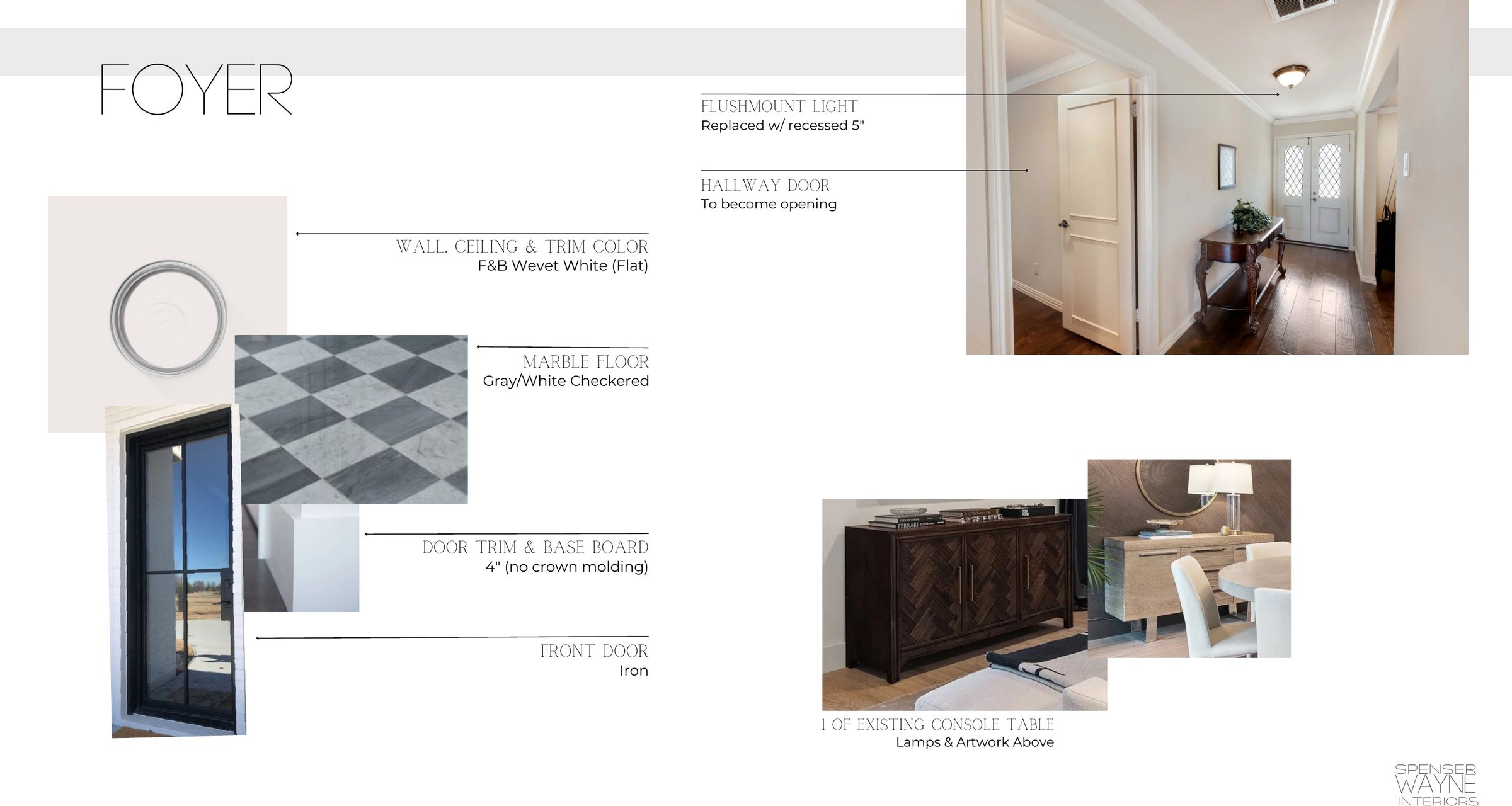 Spec sheet for the foyer: a gray and white checkered marble floor, a black iron-look window, the door trim and a photo of the foyer before
