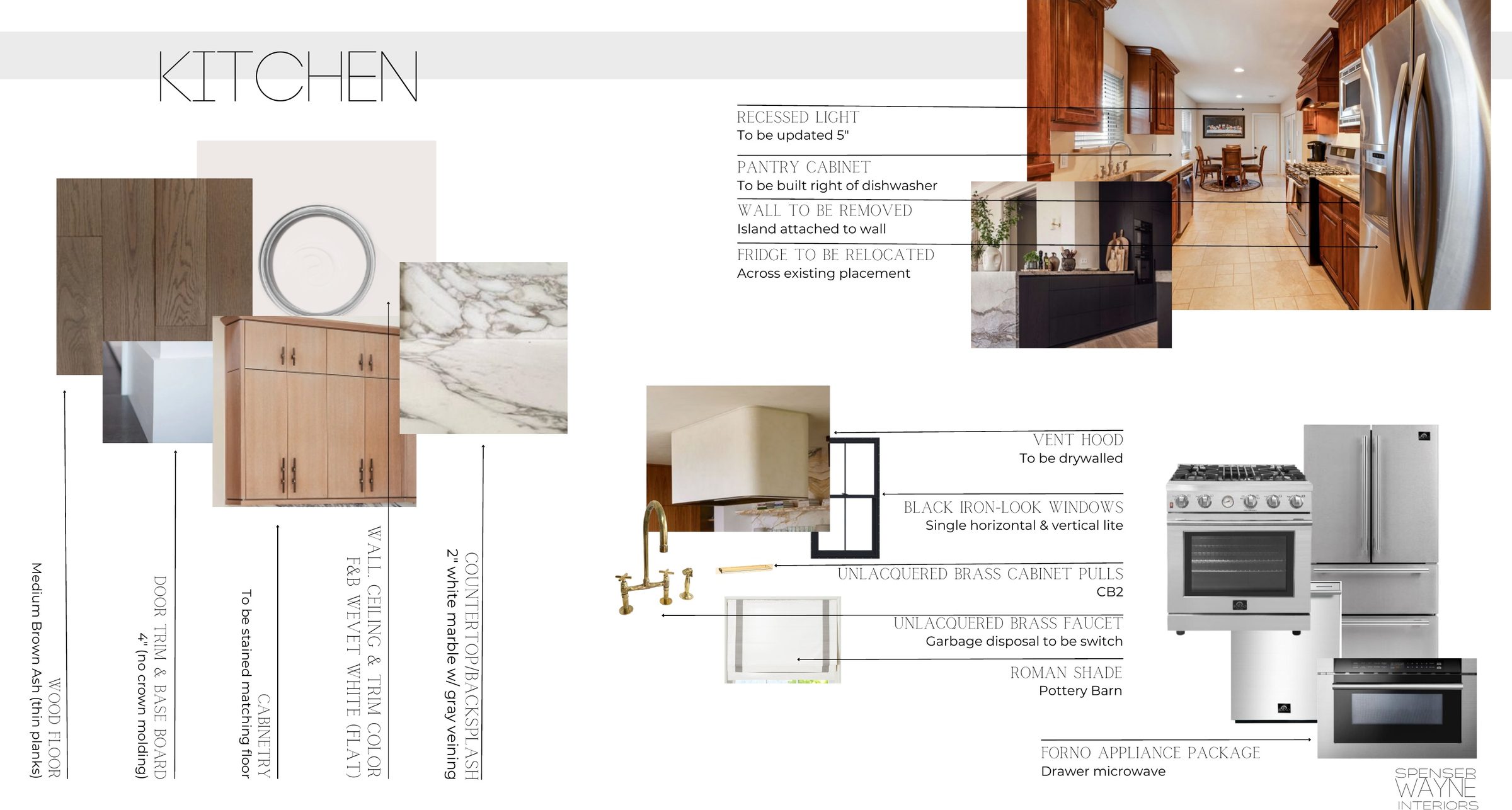 Spec sheet for the kitchen: wood cabinet and marble samples, a range, a refrigerator, brass hardware and a photo of the kitchen before